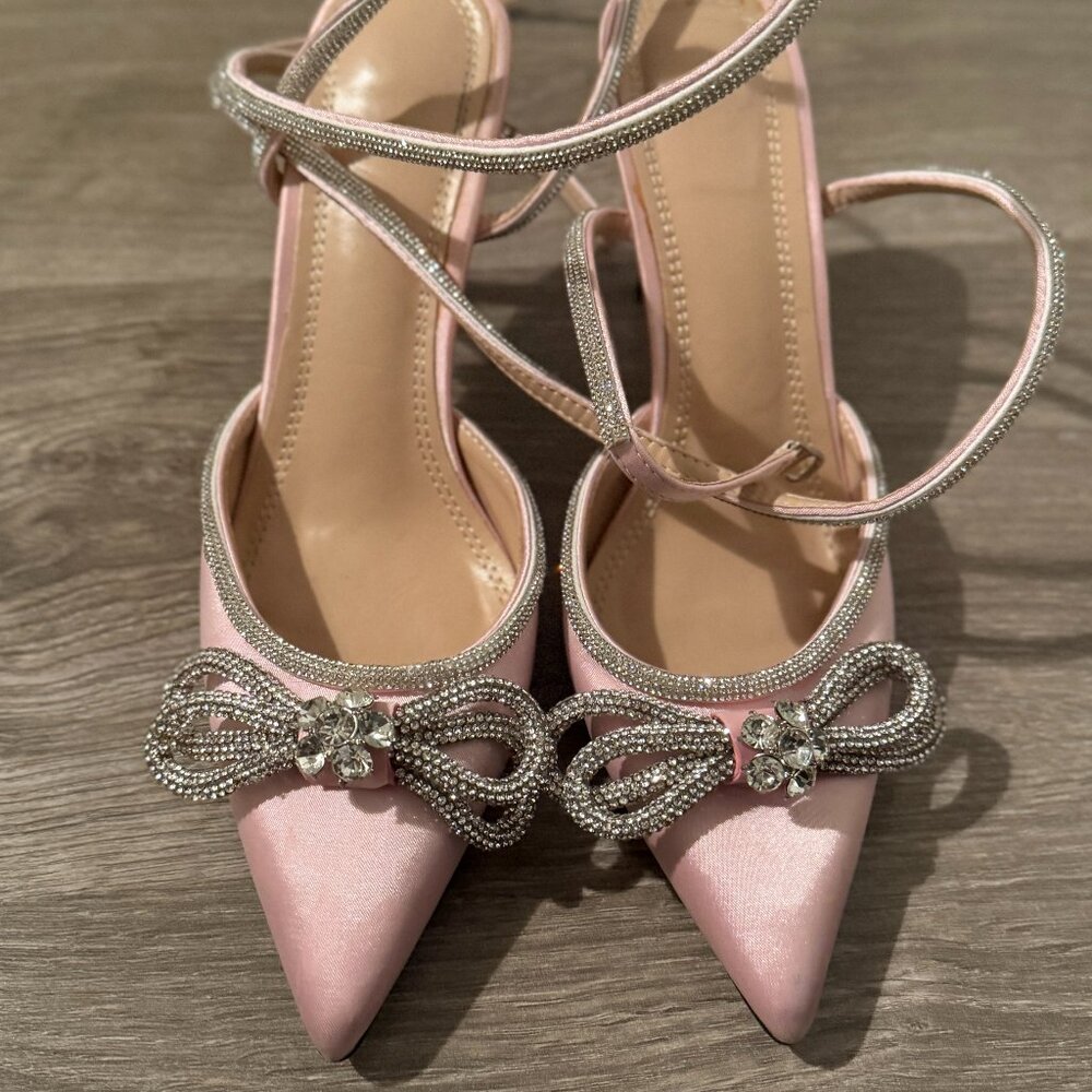 Arqa Rhinestone Bow Heels for Women Pointed Toe Crystal Ankle Strap Slingback